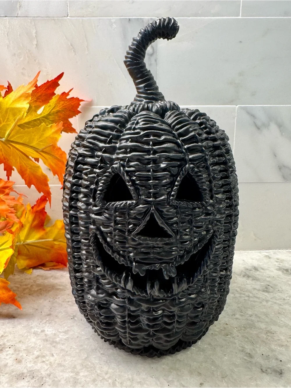 New Halloween RESIN Faux Wicker Black Jack-o'-Lantern Pumpkin w/ Tea Light - 8